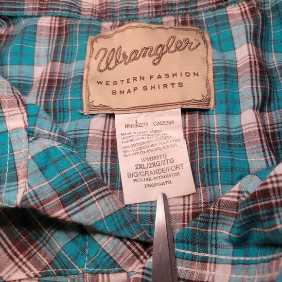 Wrangler Pearl Snap Western Turquoise White Plaid Short Sleeve Men's Shirt 2XL - Picture 3 of 5